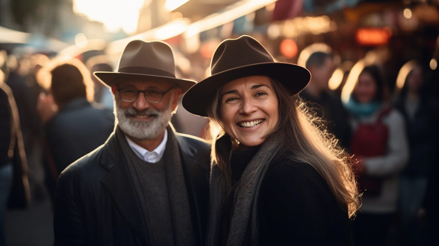 Smiling couple in stylish fedoras standing in a bustling market street