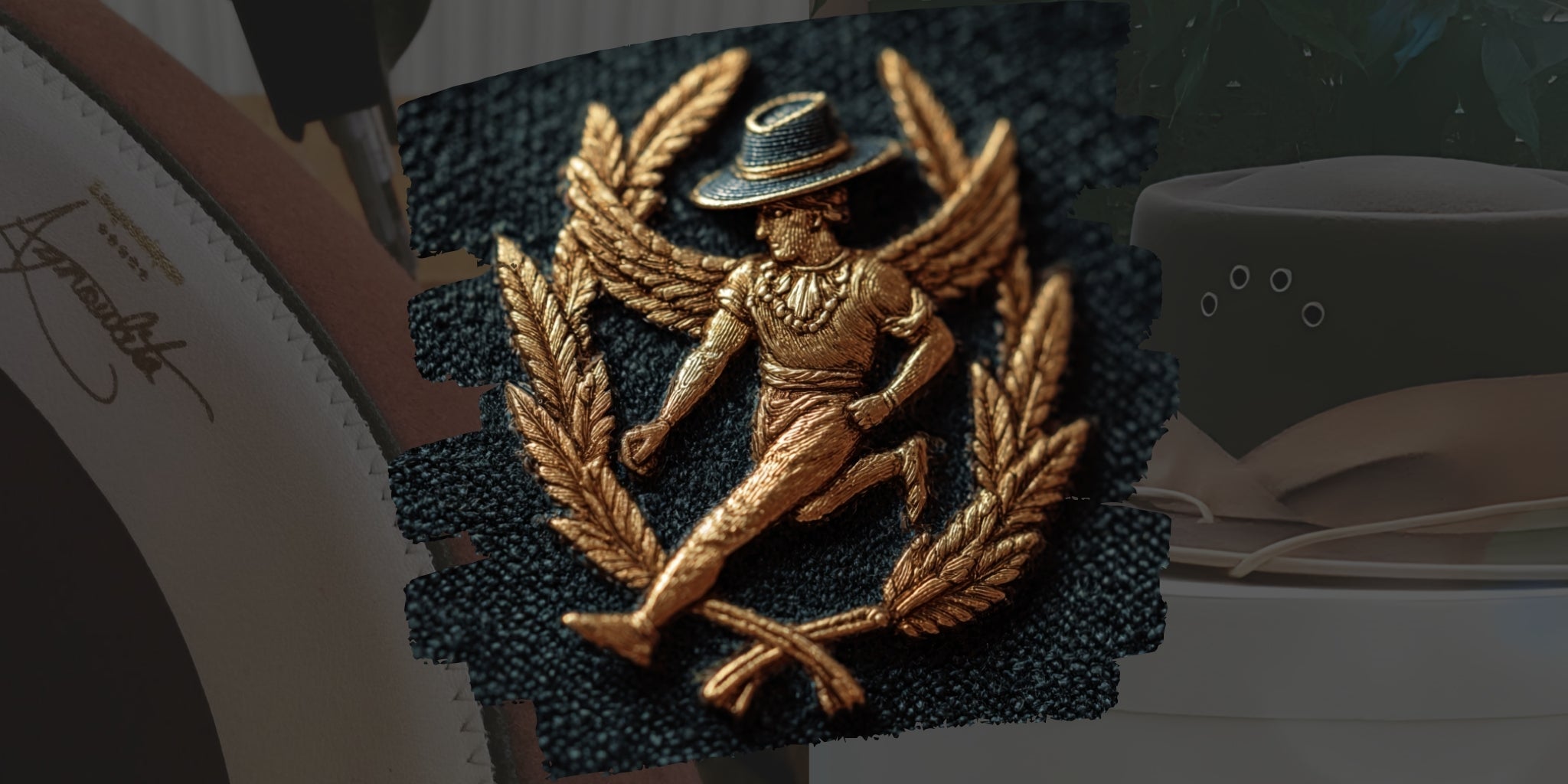 Close-up of a gold-embroidered laurel wreath emblem featuring a winged runner wearing a straw hat, overlaid on a background of hat-making tools and finished hats.
