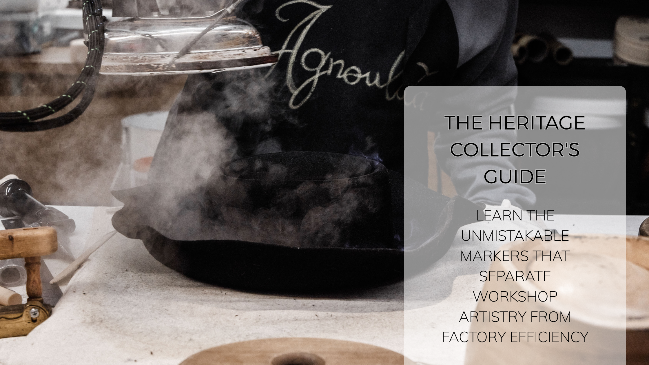 Agnoulita Hats workshop in action - steam shaping an authentic handmade black fedora, with traditional wooden hat blocks and tools visible in the background, demonstrating genuine artisan craftsmanship