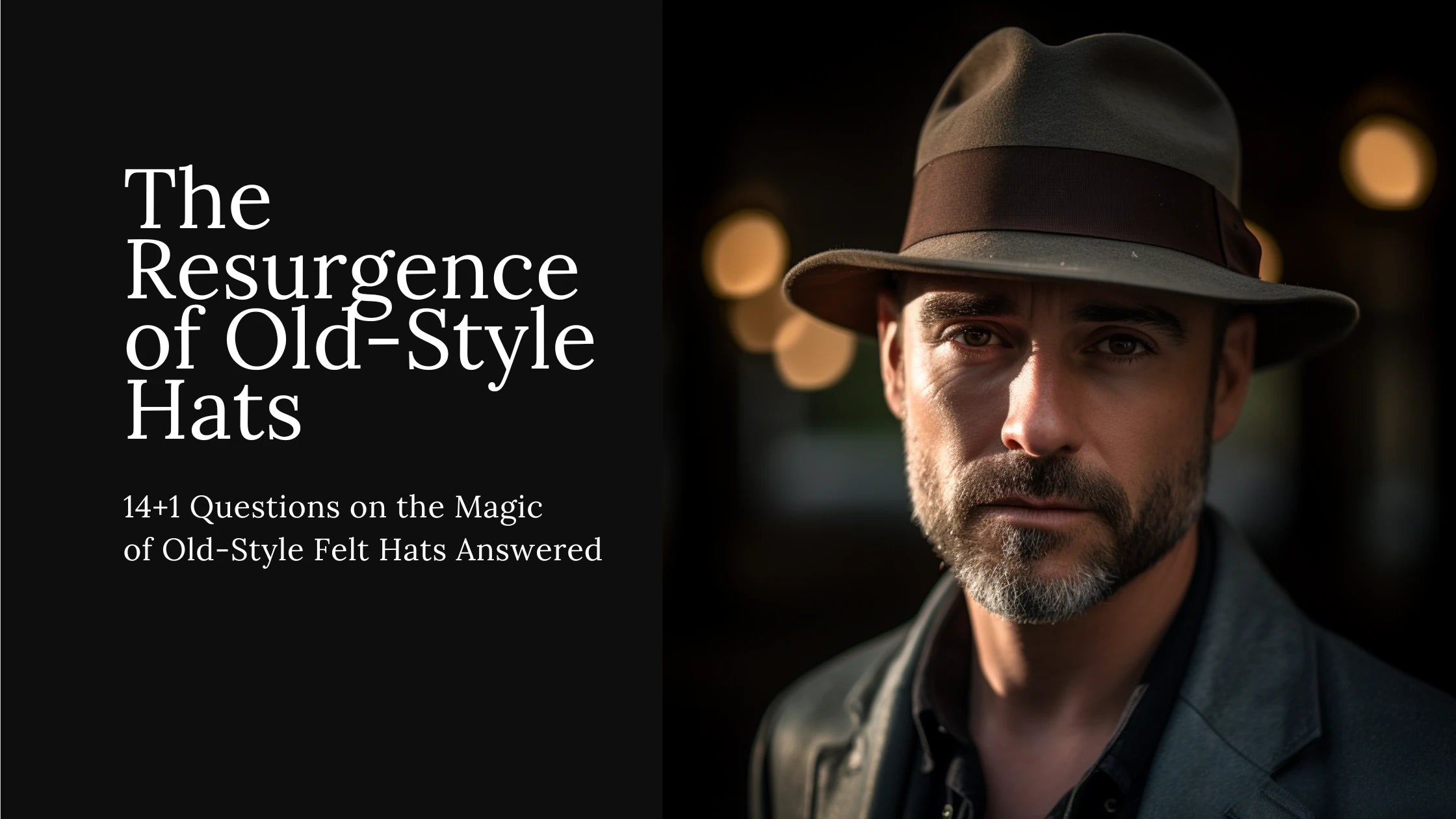Man in a charcoal grey classic style fedora by Agnoulita with a snap brim. His face is in sharp focus, and the image is bathed in Rembrandt lighting, creating warm tones and highlighting the detailed texture of the felt.