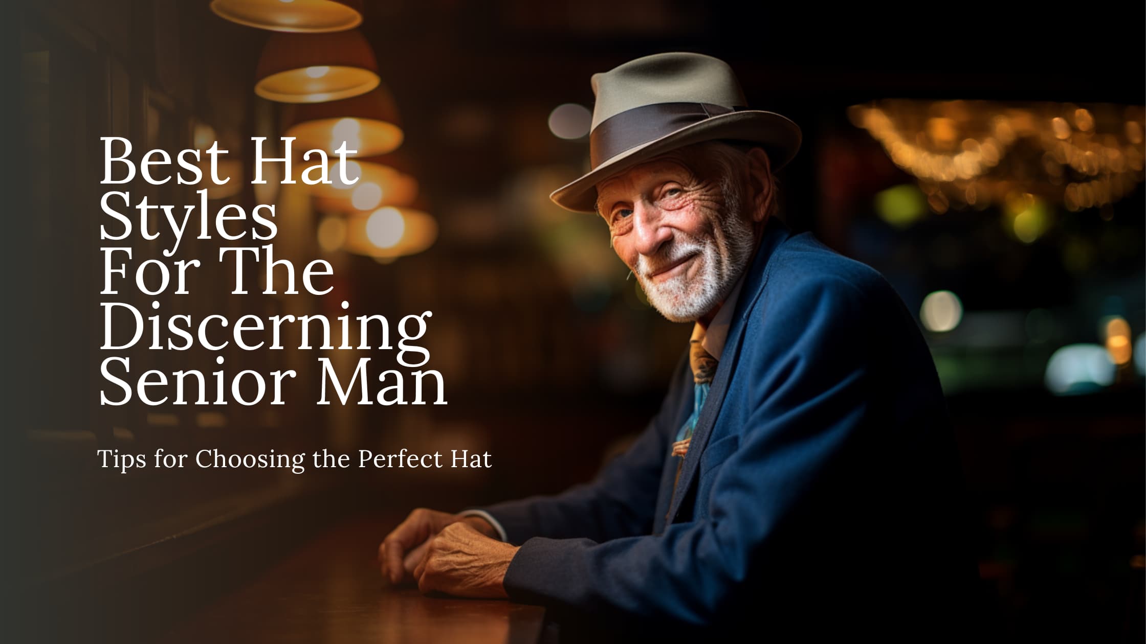 Senior gentleman with a casual look, wearing a grey Agnoulita fedora hat in a bar. Banner for a blog post titled 'Iconic Hat Styles for the Discerning Senior Man.'