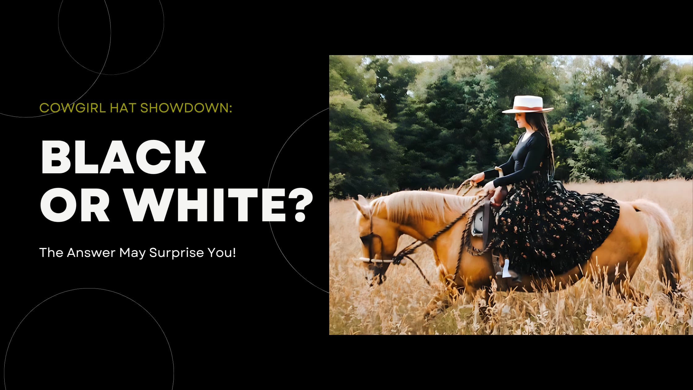 Blog post banner of a lady on horseback wearing a white Agnoulita cowgirl hat, riding through a dreamlike forest with tall golden grass.