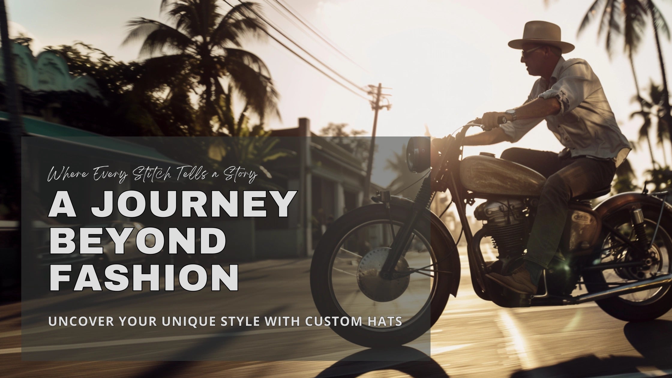 Adventurous man in a fedora riding a motorcycle at sunset, embodying the spirit of 'A Journey Beyond Fashion'