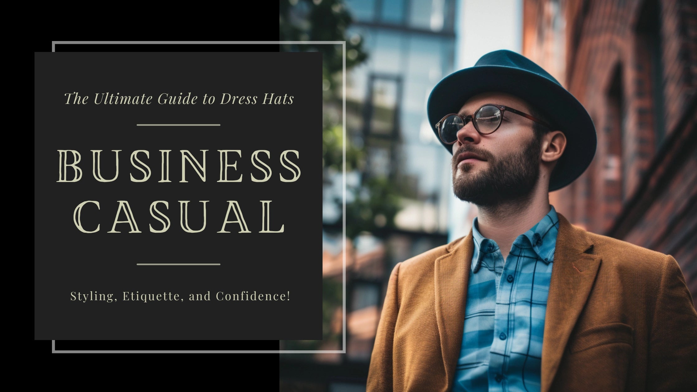 Fashionable man in a teal fedora paired with a business casual outfit, featured on 'The Ultimate Guide to Dress Hats' cover.