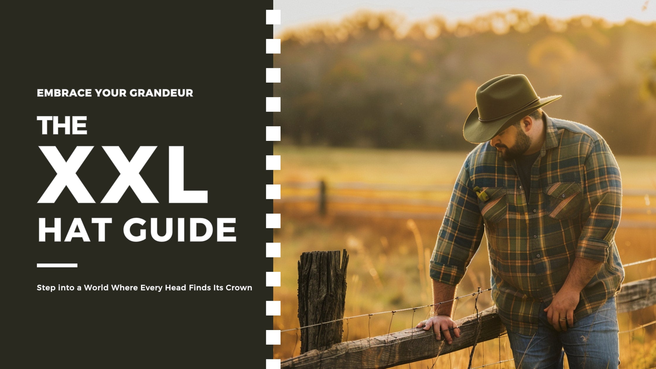 Advertisement for 'The XXL Hat Guide' featuring a man in a plaid shirt and cowboy hat leaning on a wooden fence with a serene rural backdrop, conveying the message of hats for every size.