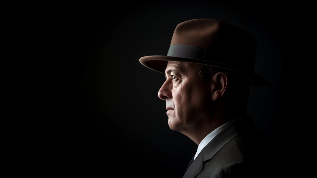 A profile view of an older gentleman wearing a distinguished brown hat with a green band. He gazes intently into the distance, his features sharply illuminated against a dark backdrop.