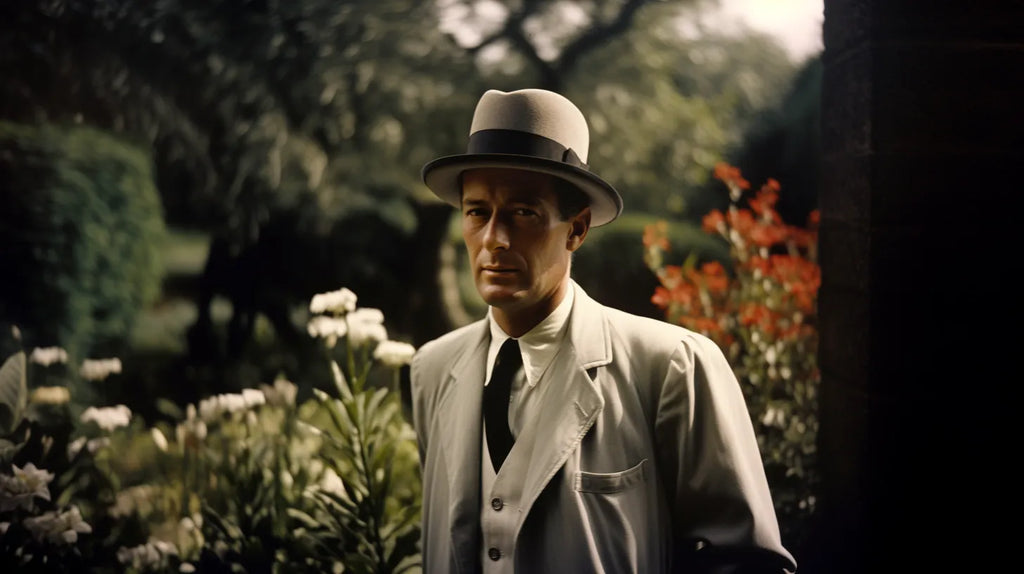 Artistic photo of a man adorned in a light-colored Agnoulita retro Homburg hat and matching trench coat stands thoughtfully in a lush garden.