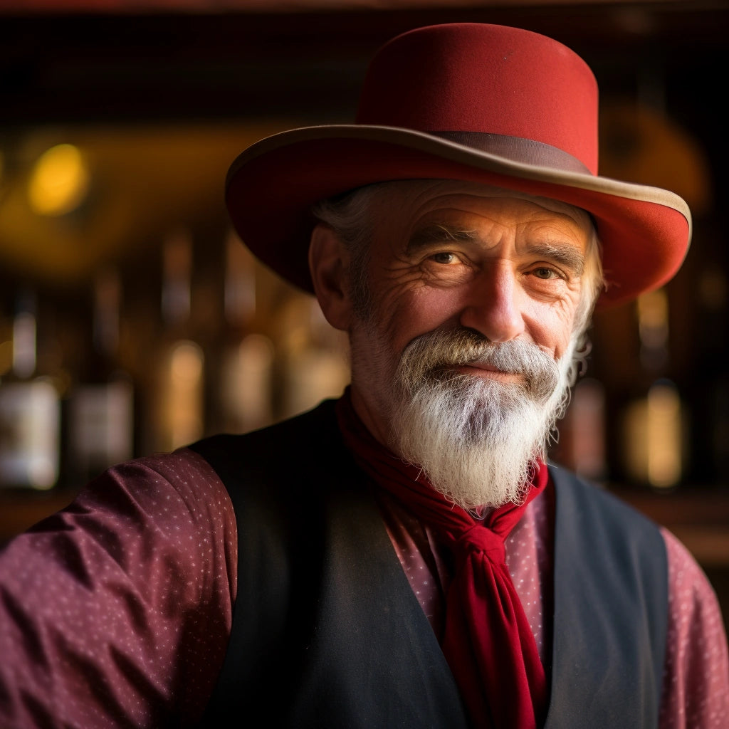 A portrait of an elderly man with a white beard, wearing a vibrant red hat and matching cravat, set against the warm ambiance of a wood-paneled room. He radiates a sense of wisdom and craftsmanship.