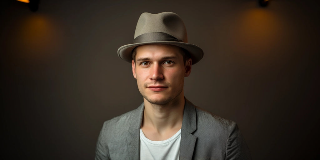 A close-up portrait of a young man with light eyes, wearing a gray Agnoulita Phoenix trilby hat and suit jacket, set against a muted brown background. He has an introspective expression.