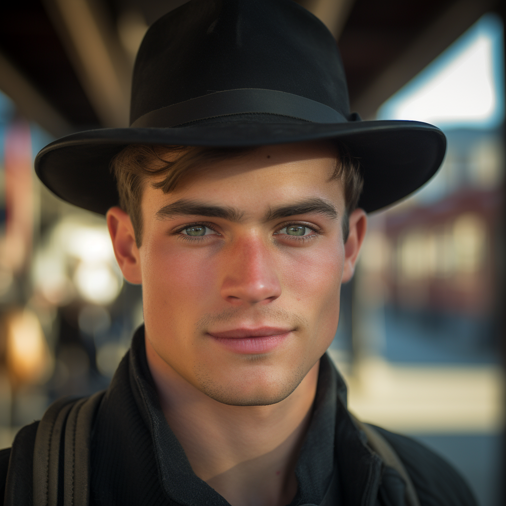A close-up of a young man wearing an Agnoulita hat, showcasing deep blue eyes and a confident gaze. He stands against an urban backdrop, bridging the classic frontier style with contemporary fashion.