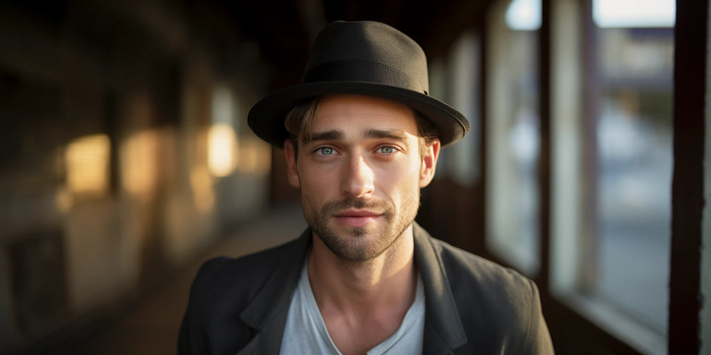 A young man with deep blue eyes wearing a caribou grey Agnoulita trilby hat and a gray jacket stands in a well-lit corridor. The ambiance of the background suggests a busy setting with blurred people and warm lights.