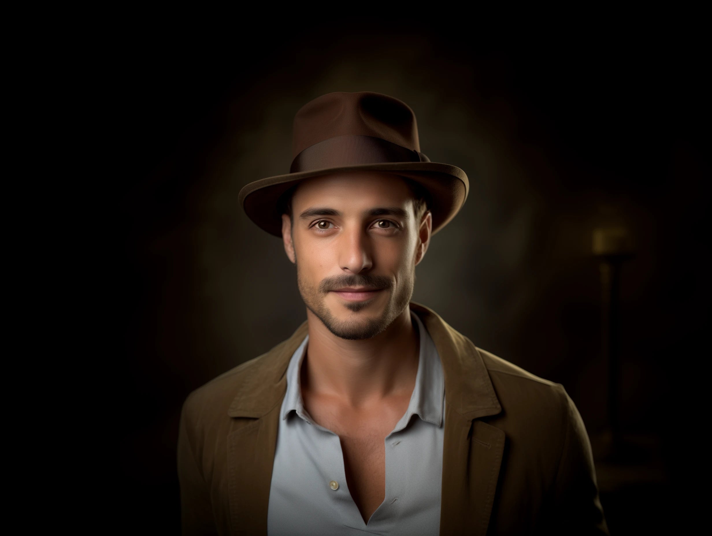 A close-up portrait of a confident man wearing a brown Agnoulita Tony fedora hat and a jacket. He has a slight stubble, piercing eyes, and a gentle smile. The background is dimly lit with hints of rustic decor, including a subtle silhouette of a lamp.