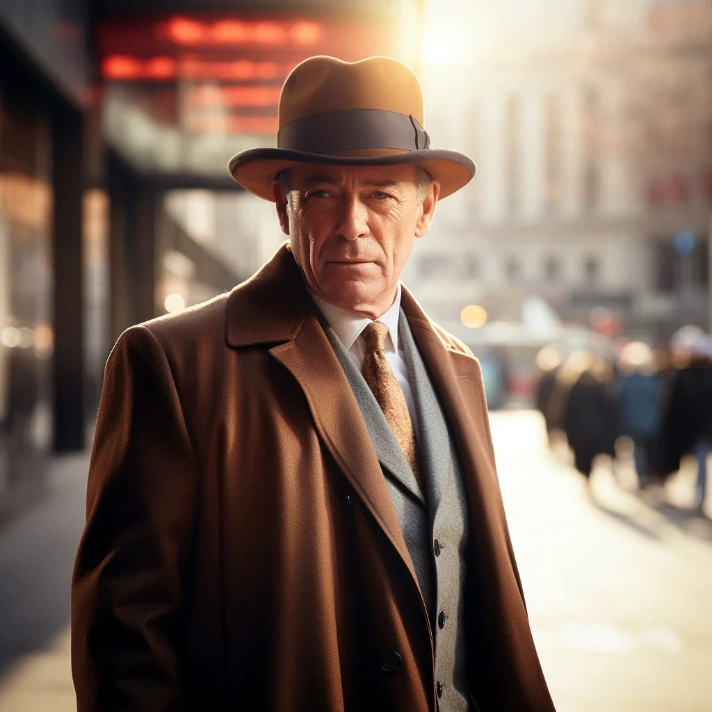 A distinguished gentleman in a cocoa brown Agnoulita Homburg hat and matching overcoat stands confidently on a city street. The golden glow of the setting sun illuminates the backdrop, casting a warm light on his face.