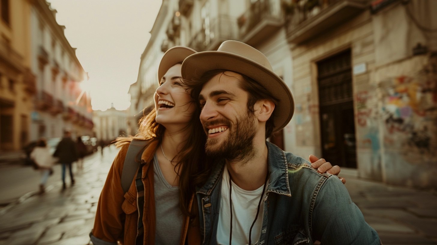 A joyful couple exploring the city, both donning stylish felt hats, capturing a moment of laughter and style.