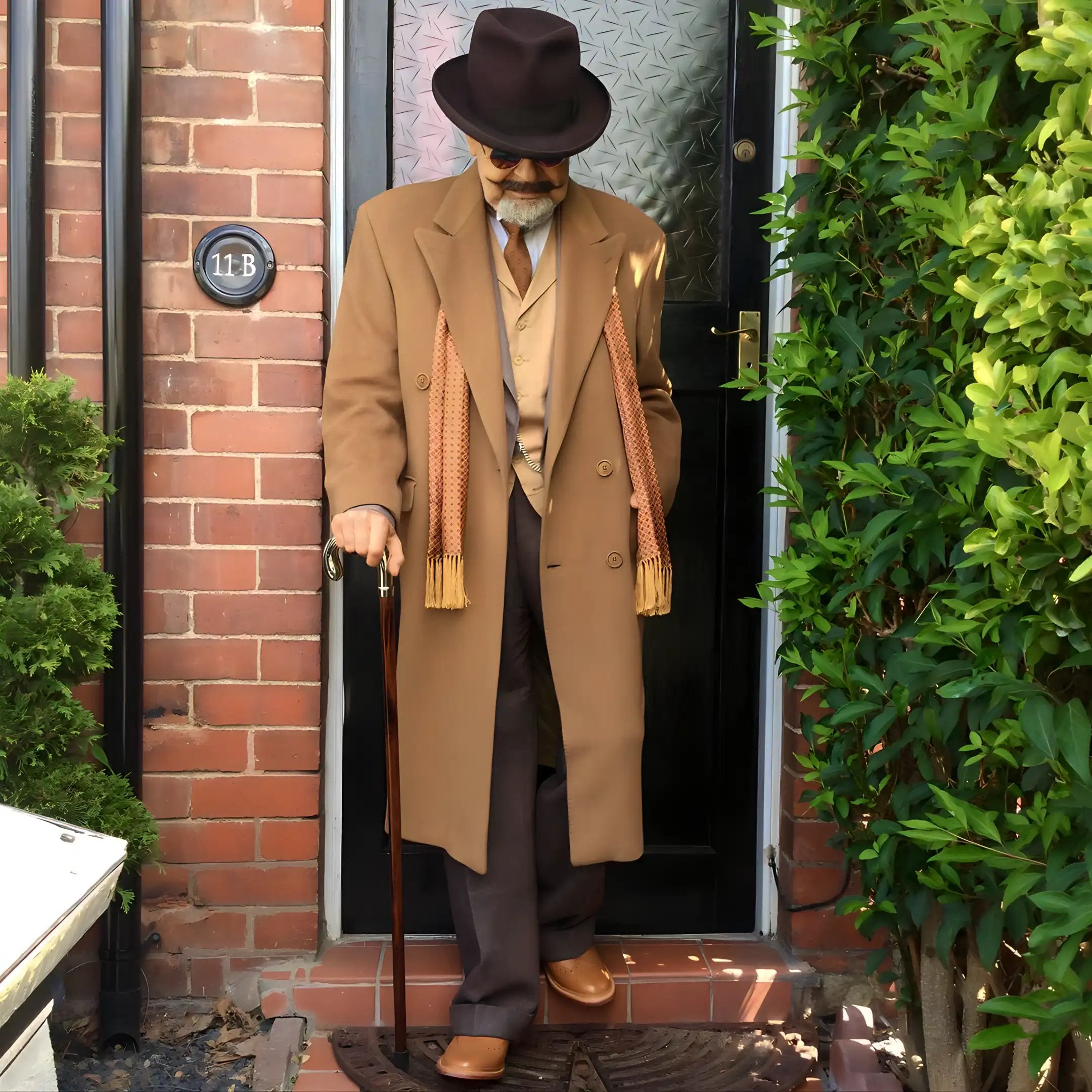 doorstep photo of a well dressed gentleman holding a cane and wearing a beaver homburg fedora