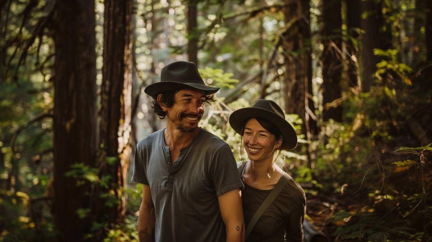 Joyful couple in felt fedora hats walking through a forest, surrounded by lush greenery and soft sunlight