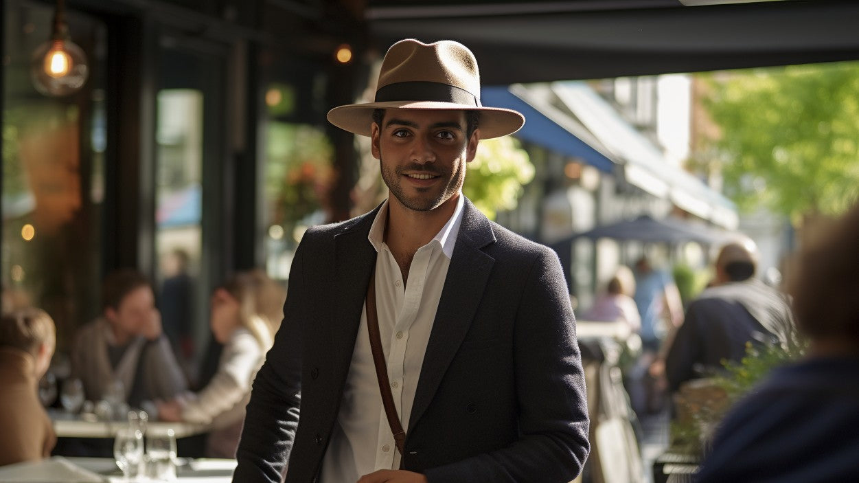 Photo of a man wearing an Agnoulita felt explorer fedora hat, confidently walking through a lively café with passing pedestrians and outdoor tables in the background