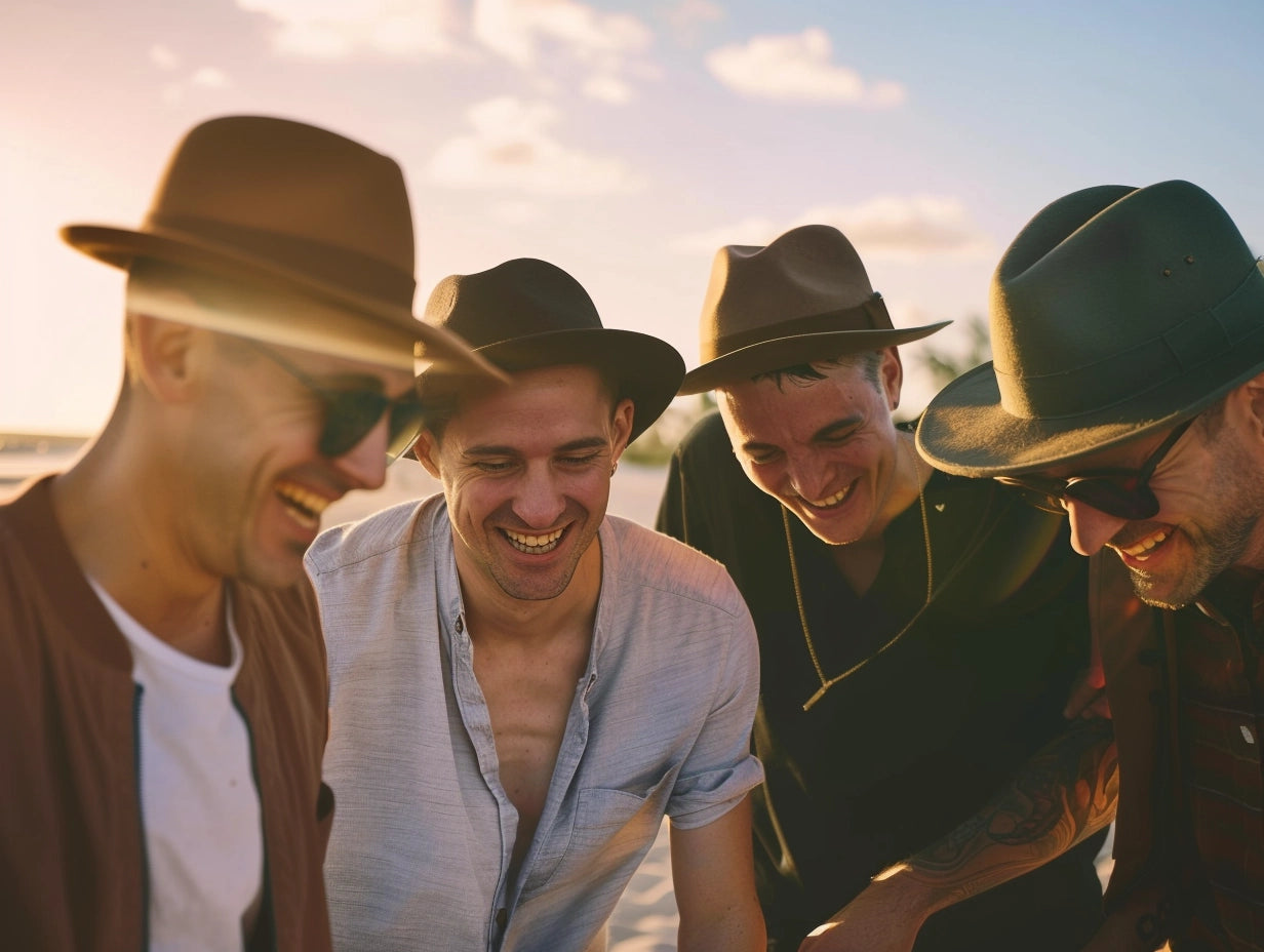 Three joyful men sharing a laugh, wearing casual attire with stylish hats, during a warm, sunny day.