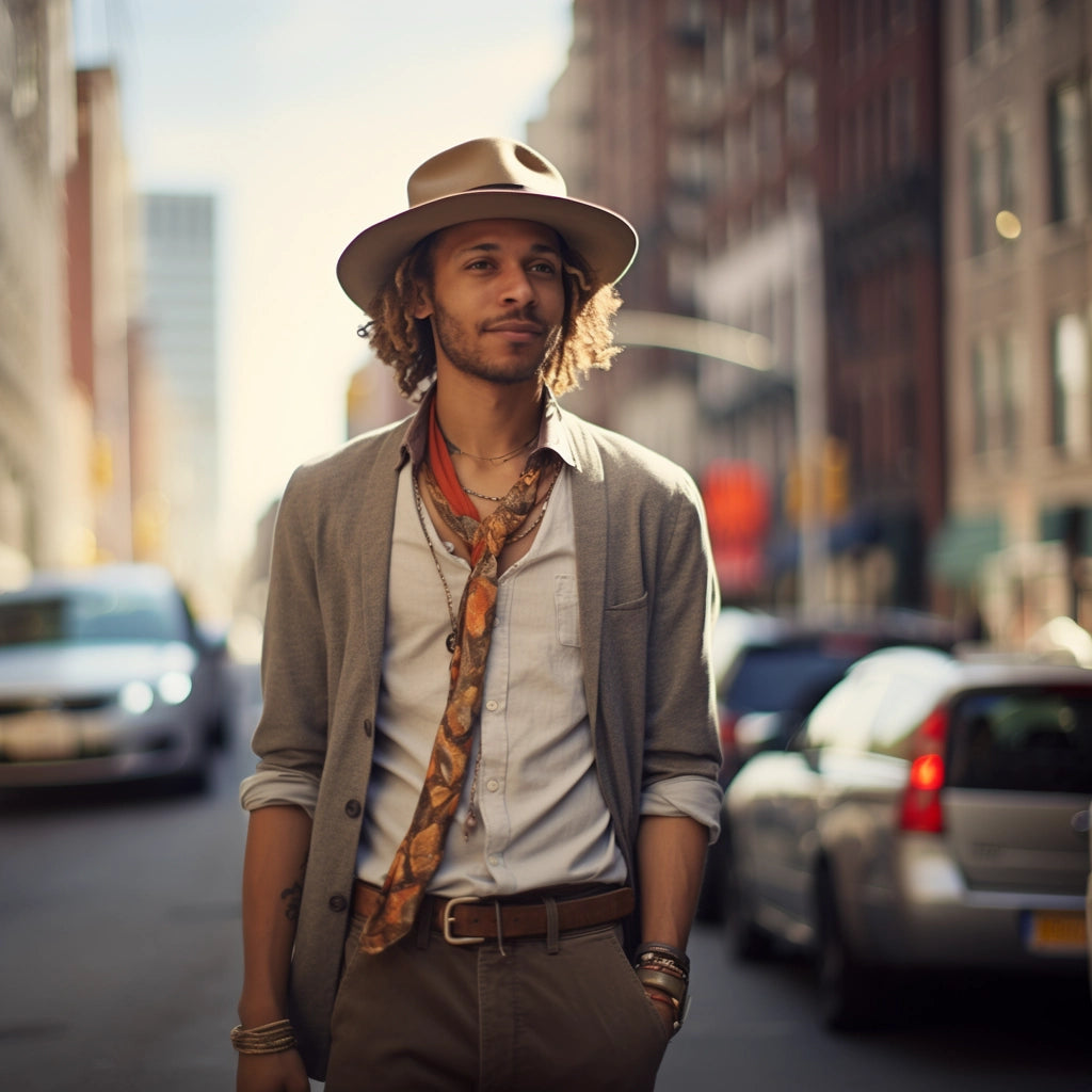 A stylish young man with curly hair gazes into the distance, bathed in soft city light. He wears a beige hat, layered with a grey blazer and an intricate scarf, set against a backdrop of urban architecture and streets.