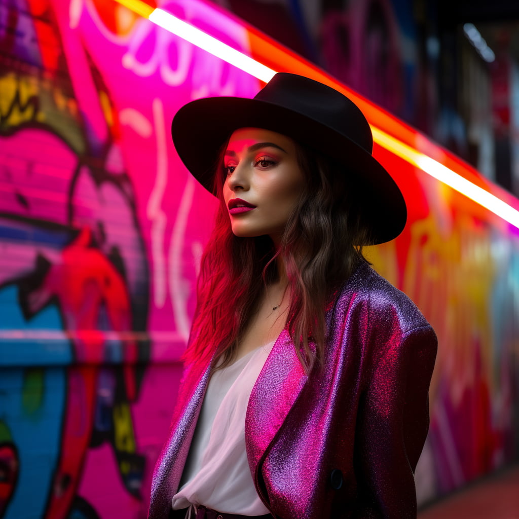 Agnoulita Hats fashion shoot featuring a model wearing a wide brim felt fedora hat against a graffiti wall backdrop, in an urban landscape illuminated by neon lights during twilight. The vivid contrast and leading lines add to the dynamic composition.