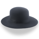 Black wide-brimmed hat with a ribbon on a white background