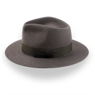 Side profile of the Desperado caribou grey rabbit fur felt outback fedora with teardrop crown and dark brown ribbon hatband