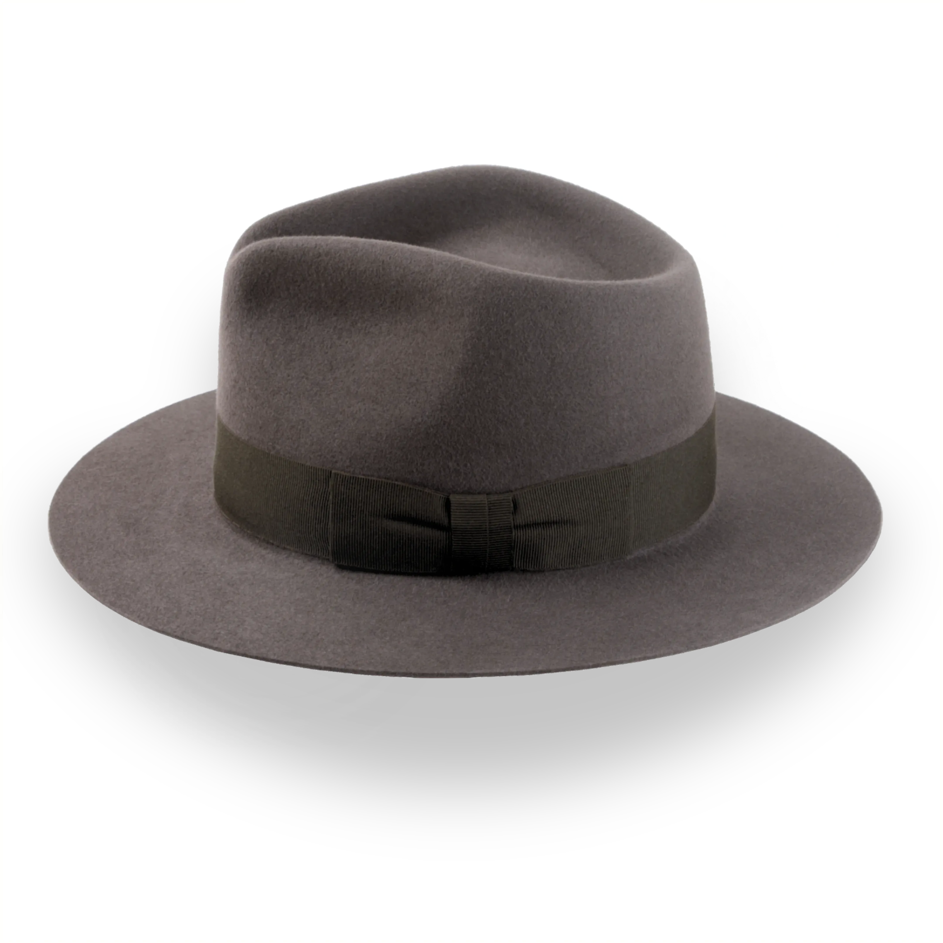 Side profile of the Desperado caribou grey rabbit fur felt outback fedora with teardrop crown and dark brown ribbon hatband