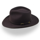 Brown fedora hat with a belt and buckle on a white background