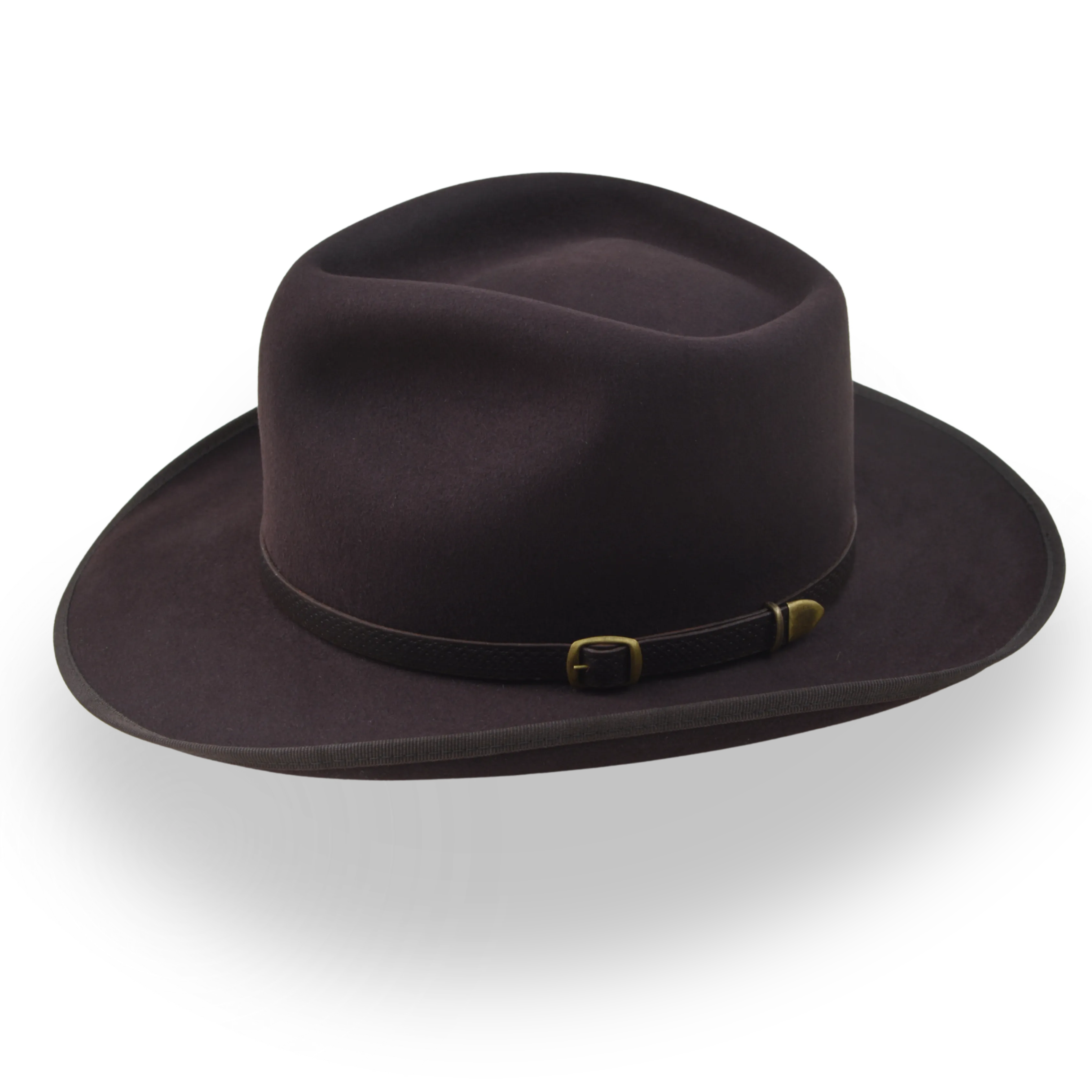 Brown fedora hat with a belt and buckle on a white background