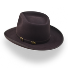 Brown fedora hat with a belt on a white background