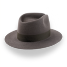 Angled view of the Desperado outback fedora displaying teardrop crown shape and dark brown grosgrain ribbon
