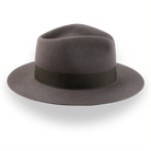 Side profile of the Desperado rabbit fur felt outback fedora with teardrop crown and taupe ribbon hatband