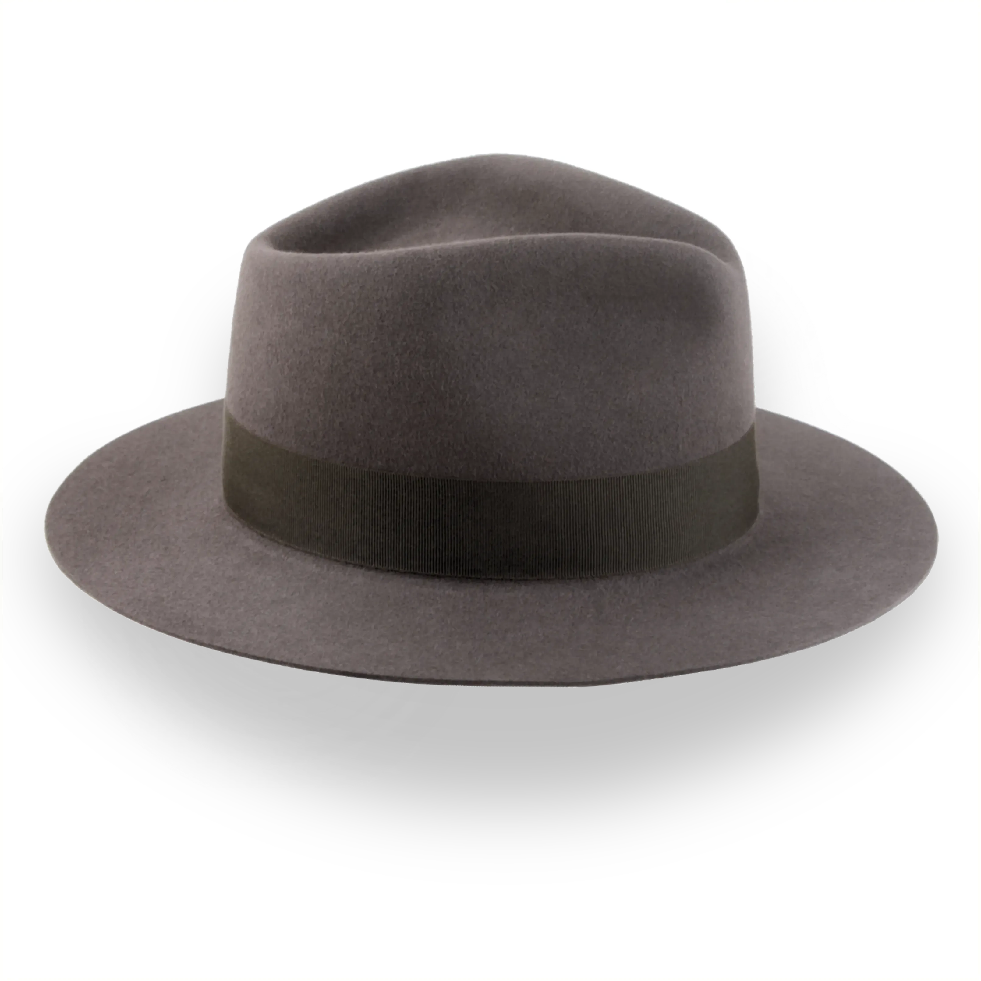 Side profile of the Desperado rabbit fur felt outback fedora with teardrop crown and taupe ribbon hatband