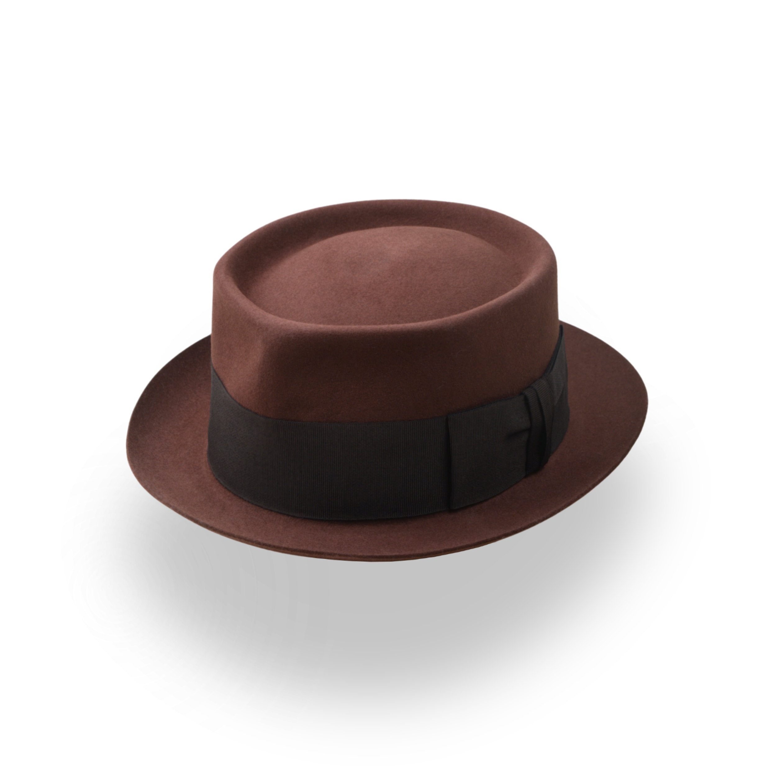 Brown fedora hat with a black band on a white background