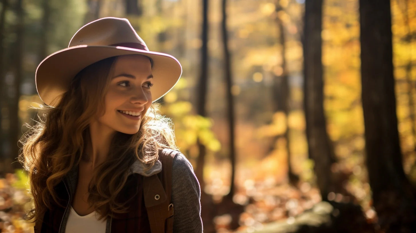 Nature photography capturing a hiking woman wearing a felt Agnoulita Solstice fedora on a forest trail, with sunlight filtering through the trees and colorful fall leaves scattered around.