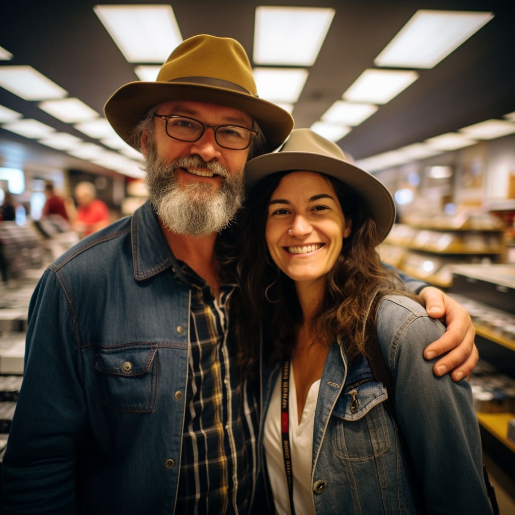 Smiling bearded man and joyful woman wearing stylish fedora hats in a well-lit store