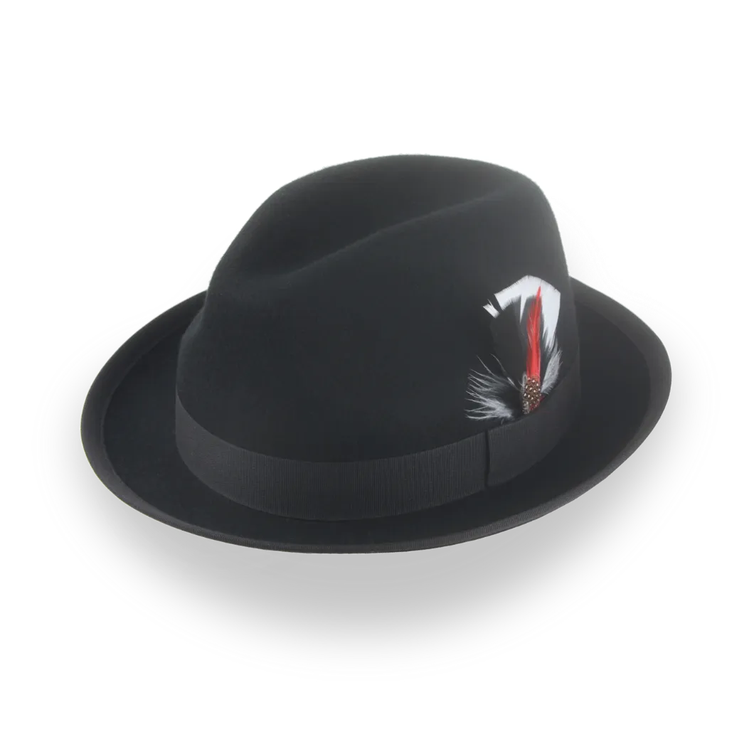 Black Stingy Brim Boston Trilby with Feather in Wool Felt | The Crab - Agnoulita Hats 1 