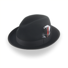Black Stingy Brim Boston Trilby with Feather in Wool Felt | The Crab