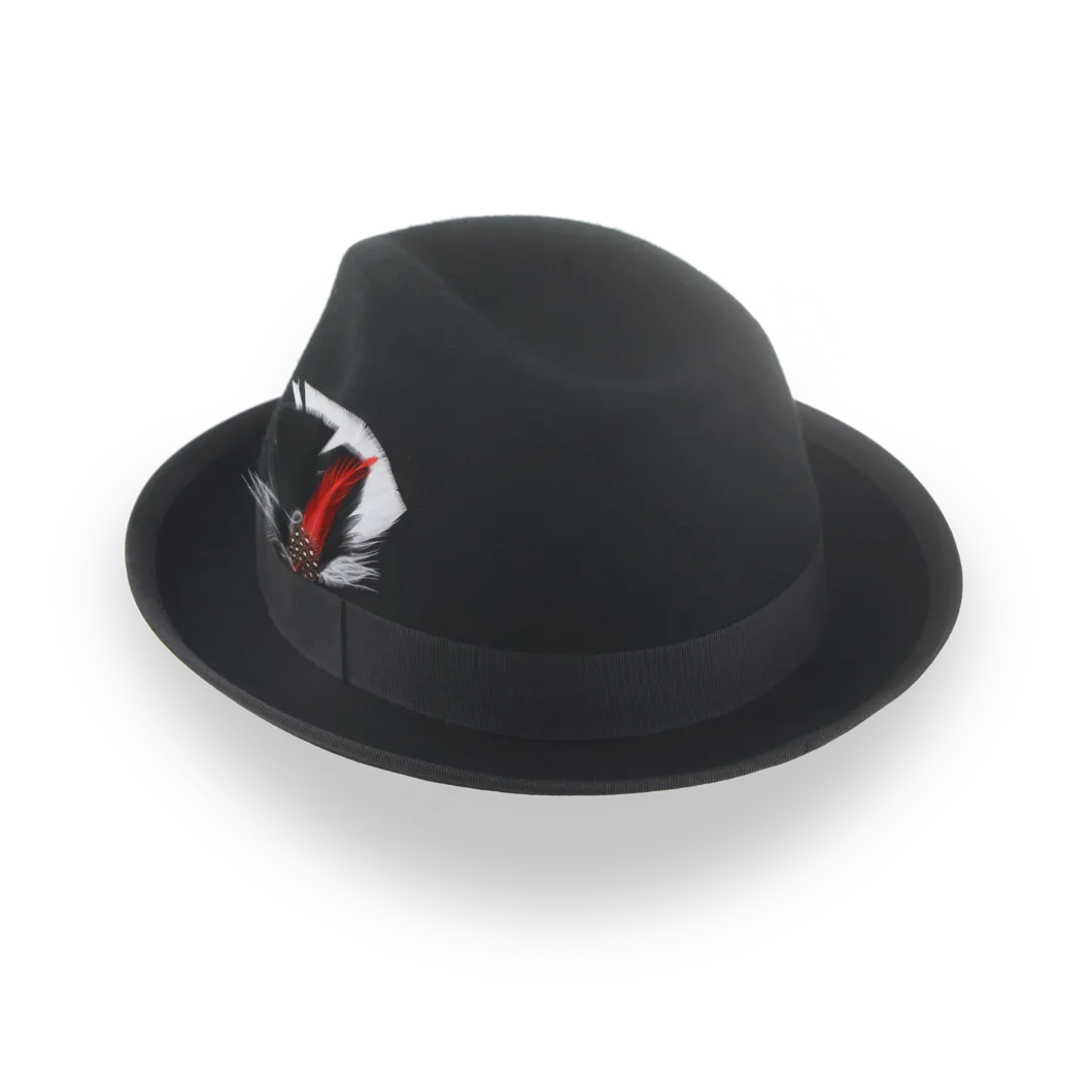 Black Stingy Brim Boston Trilby with Feather in Wool Felt | The Crab - Agnoulita Hats 3 