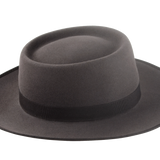 The Oppenheimer: Side angle capturing the 3" ribbon-bound fedora snap brim | Agnoulita Hats