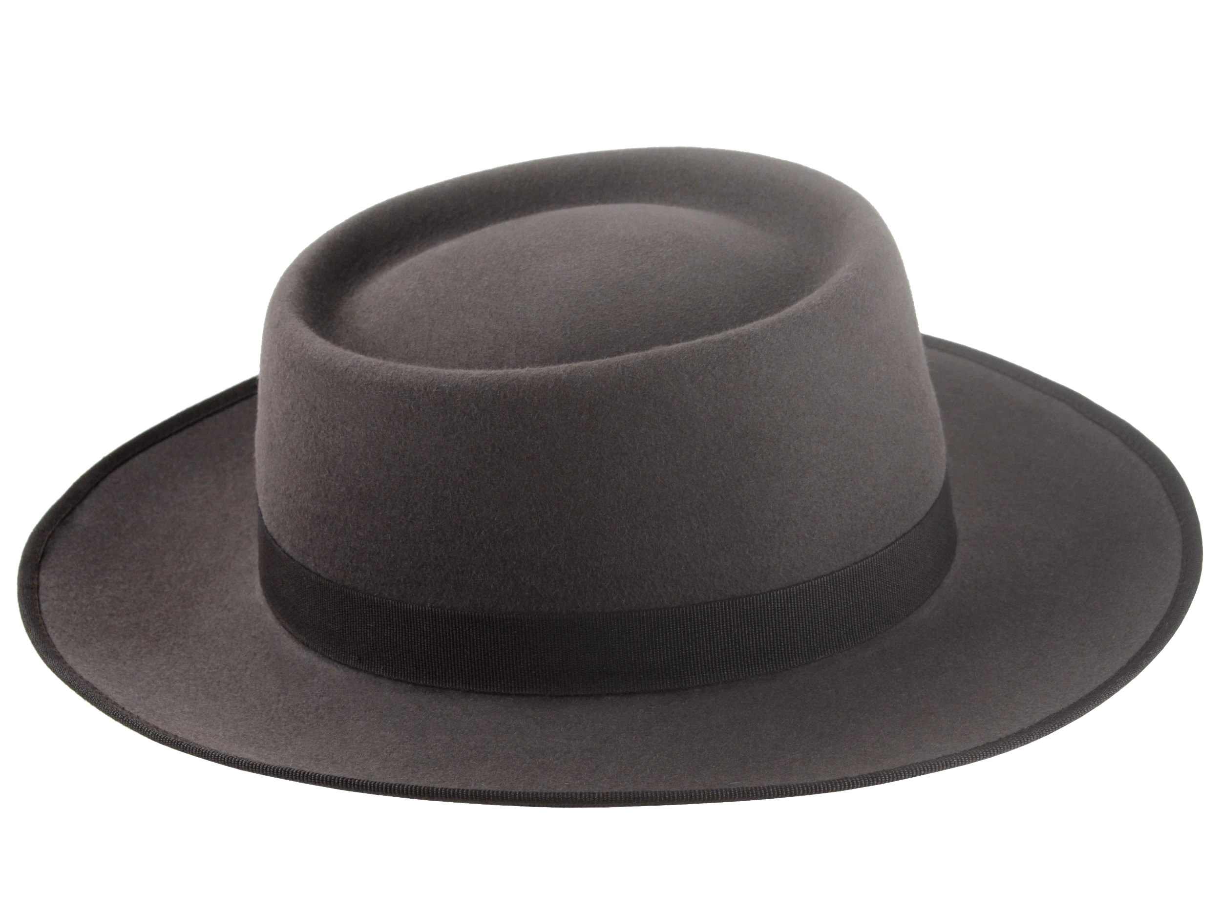 The Oppenheimer: Side angle capturing the 3" ribbon-bound fedora snap brim | Agnoulita Hats