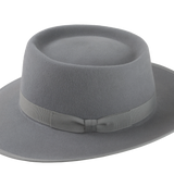 The Oppenheimer Wide-Brim Porkpie Hat - Detailed view of the 1" grosgrain ribbon hatband in grey | Agnoulita Hats