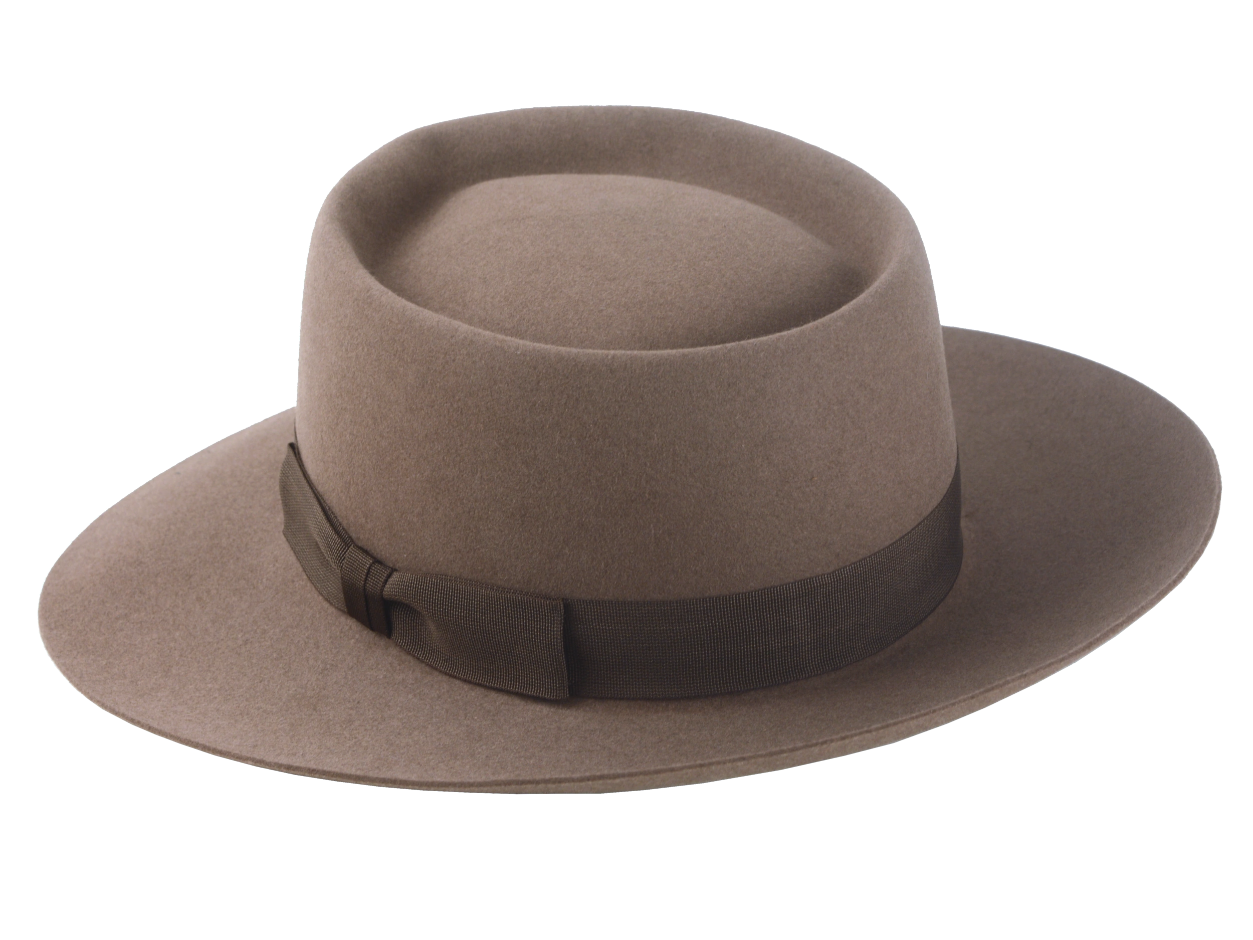 Artisanal wide-brim porkpie hat, named Oppenheimer, in premium beaver felt showcasing the raw edge brim and adorned with a vintage quality ribbon in pecan color against the coffee-hued backdrop of the hat body 3