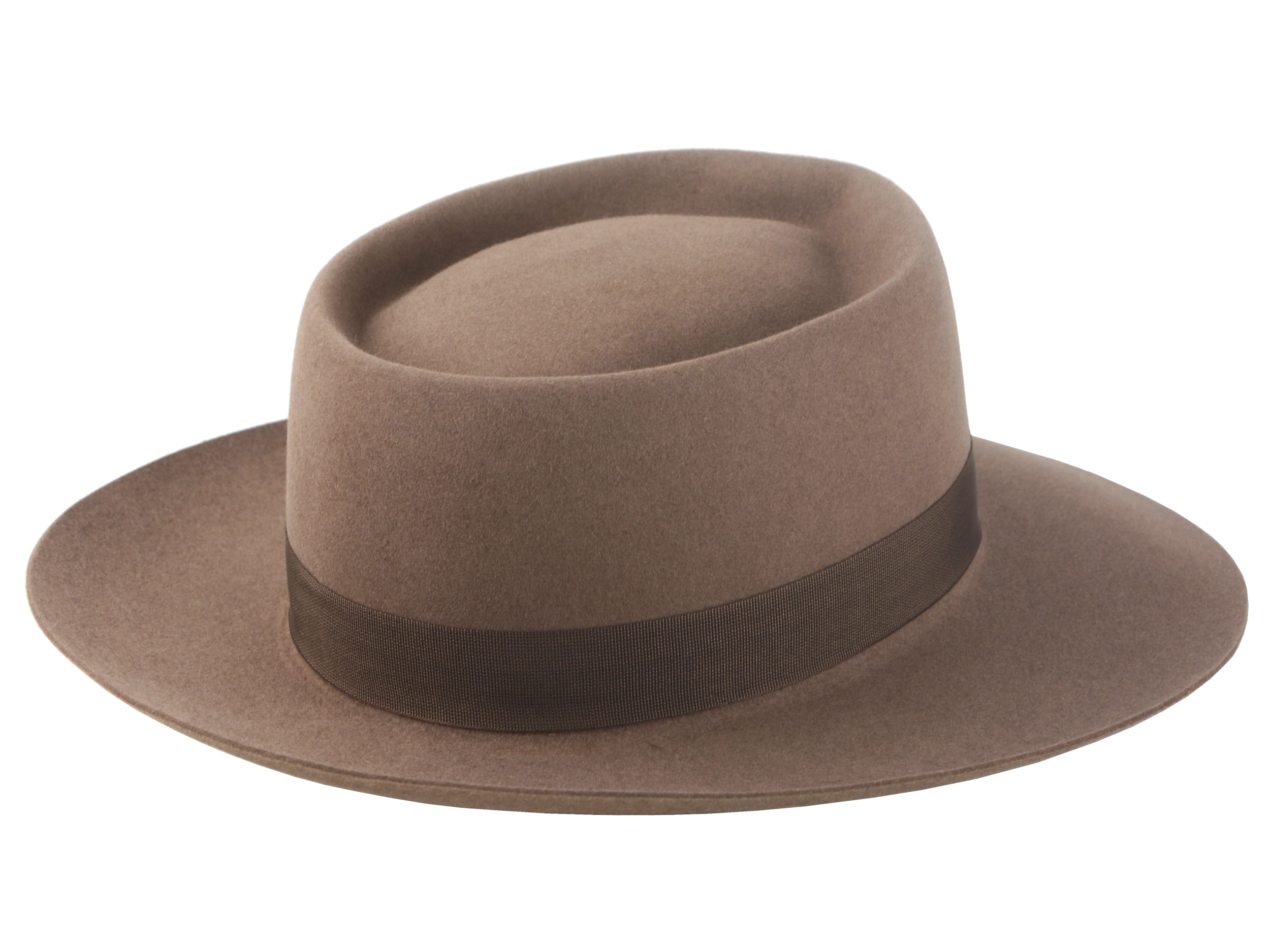 Artisanal wide-brim porkpie hat, named Oppenheimer, in premium beaver felt showcasing the raw edge brim and adorned with a vintage quality ribbon in pecan color against the coffee-hued backdrop of the hat body 4