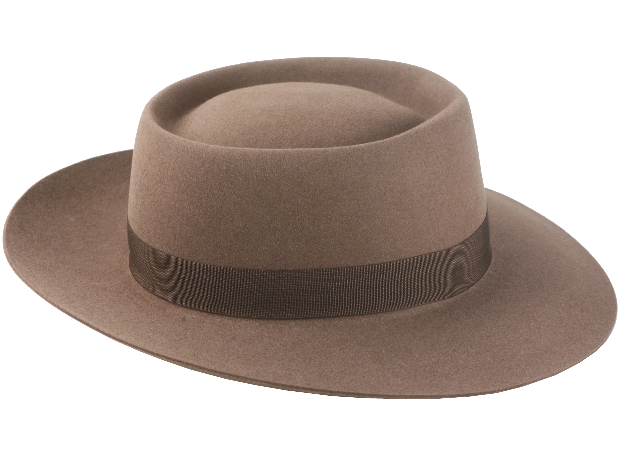 Artisanal wide-brim porkpie hat, named Oppenheimer, in premium beaver felt showcasing the raw edge brim and adorned with a vintage quality ribbon in pecan color against the coffee-hued backdrop of the hat body 5