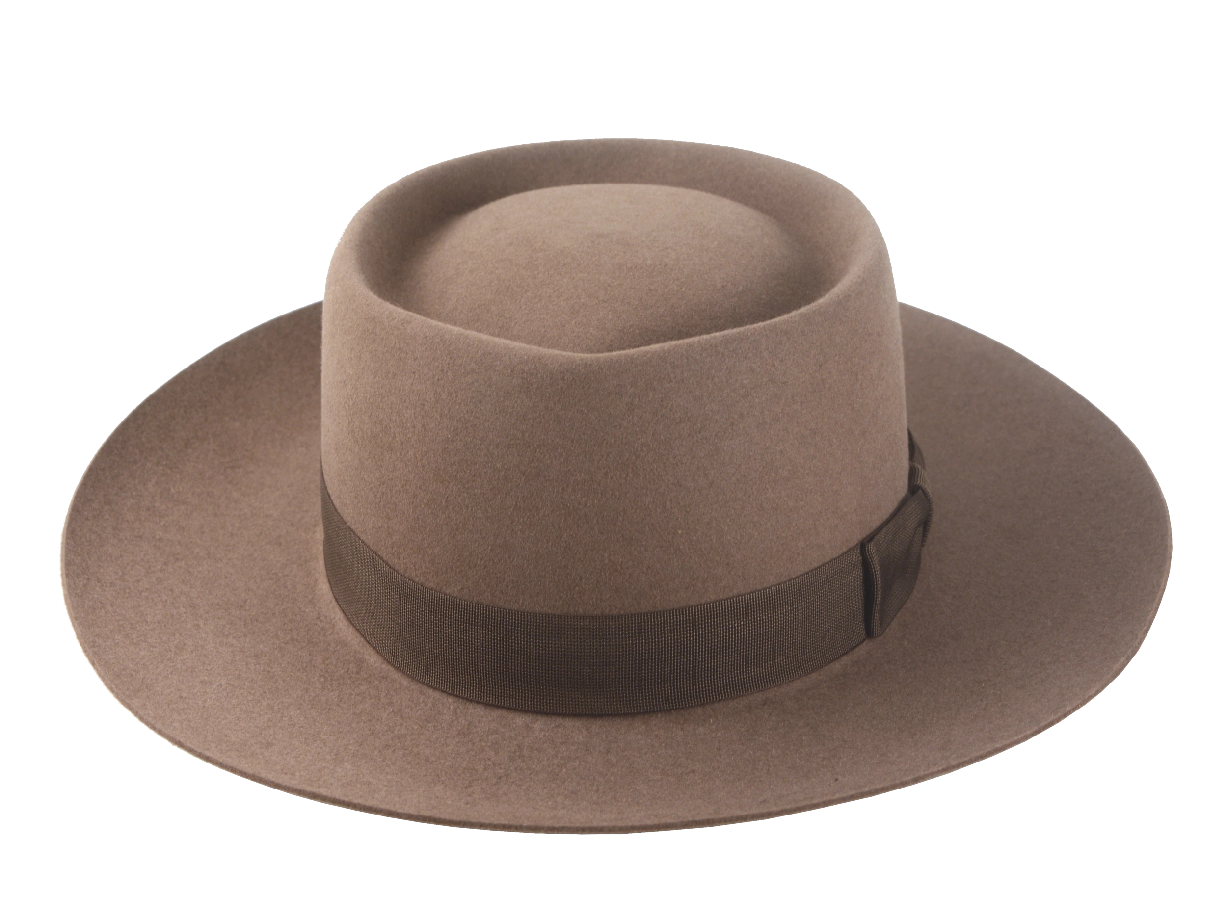 Artisanal wide-brim porkpie hat, named Oppenheimer, in premium beaver felt showcasing the raw edge brim and adorned with a vintage quality ribbon in pecan color against the coffee-hued backdrop of the hat body 6