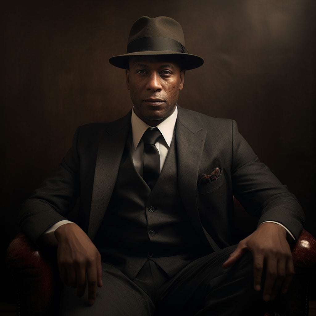 Distinguished gentleman in a sleek dark brown fedora and tailored suit, exuding sophistication against a textured brown backdrop, showcasing Agnoulita Hats' Artisan’s Touch Collection of handcrafted elegant fedoras