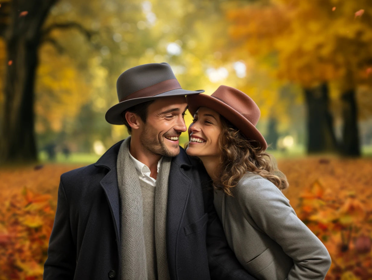 Close-up photograph of a smiling man and woman, captured candidly in an autumn park. Both individuals are wearing bespoke Agnoulita felt fedoras, and their faces radiate genuine happiness.
