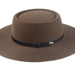 The Pioneer: Side angle highlighting the dark taupe felt and contrasting black leather hat belt | Agnoulita Hats