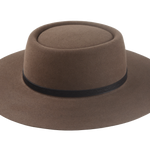 The Pioneer: Perspective shot emphasizing the 3 5/8-inch raw-edge flat brim for broad coverage | Agnoulita Hats